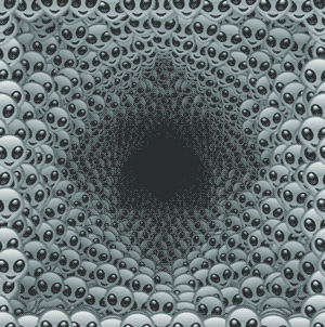 an animation of several alien faces jumping up and down and starring at us